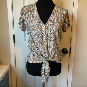 Lucky Brand Ditsy Floral Print Smock Shoulder Tie Front Top Small NWT